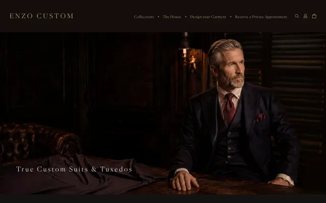 Enzo Custom website homepage featuring its bespoke menswear