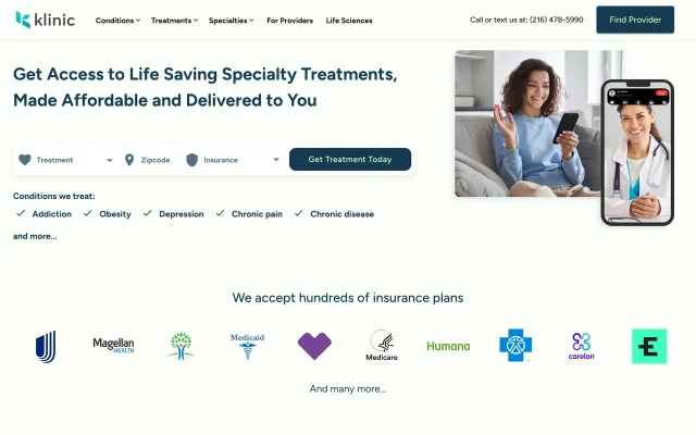 Klinic website homepage showing specialty telehealth treatment options