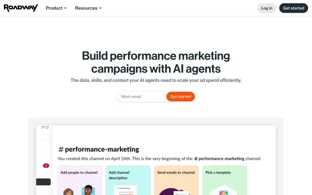 Roadway website homepage showing its AI-agent performance marketing product